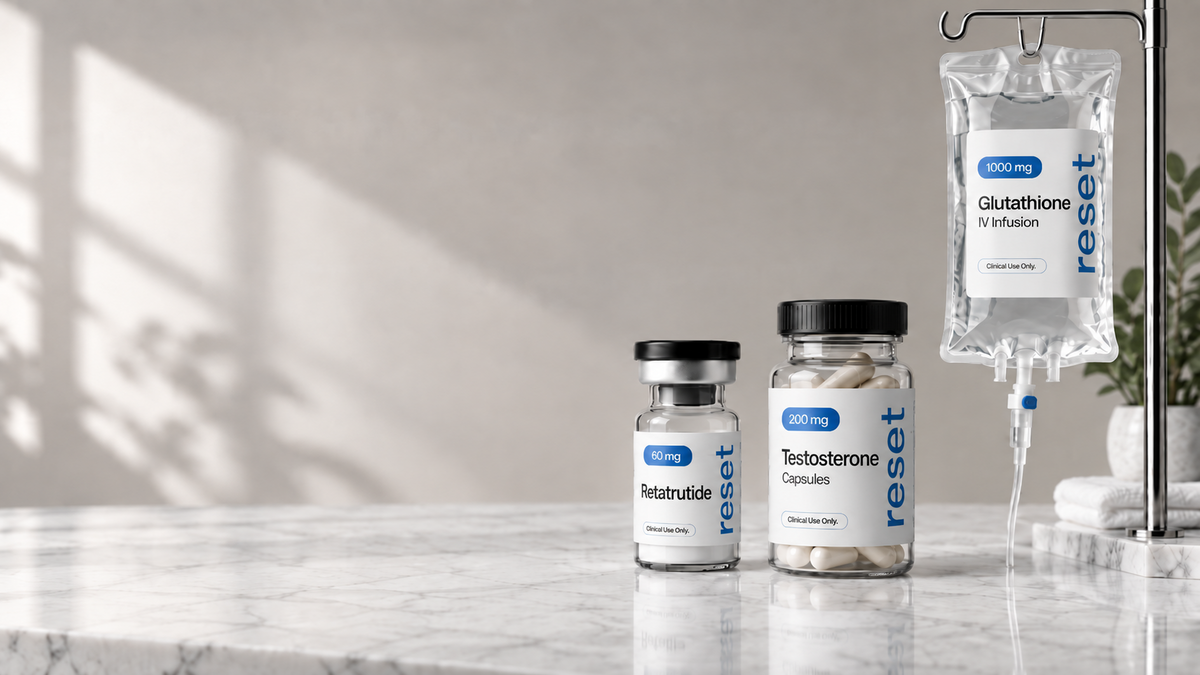 Five Reset Supply research-product vials arranged in a laboratory supply lineup.