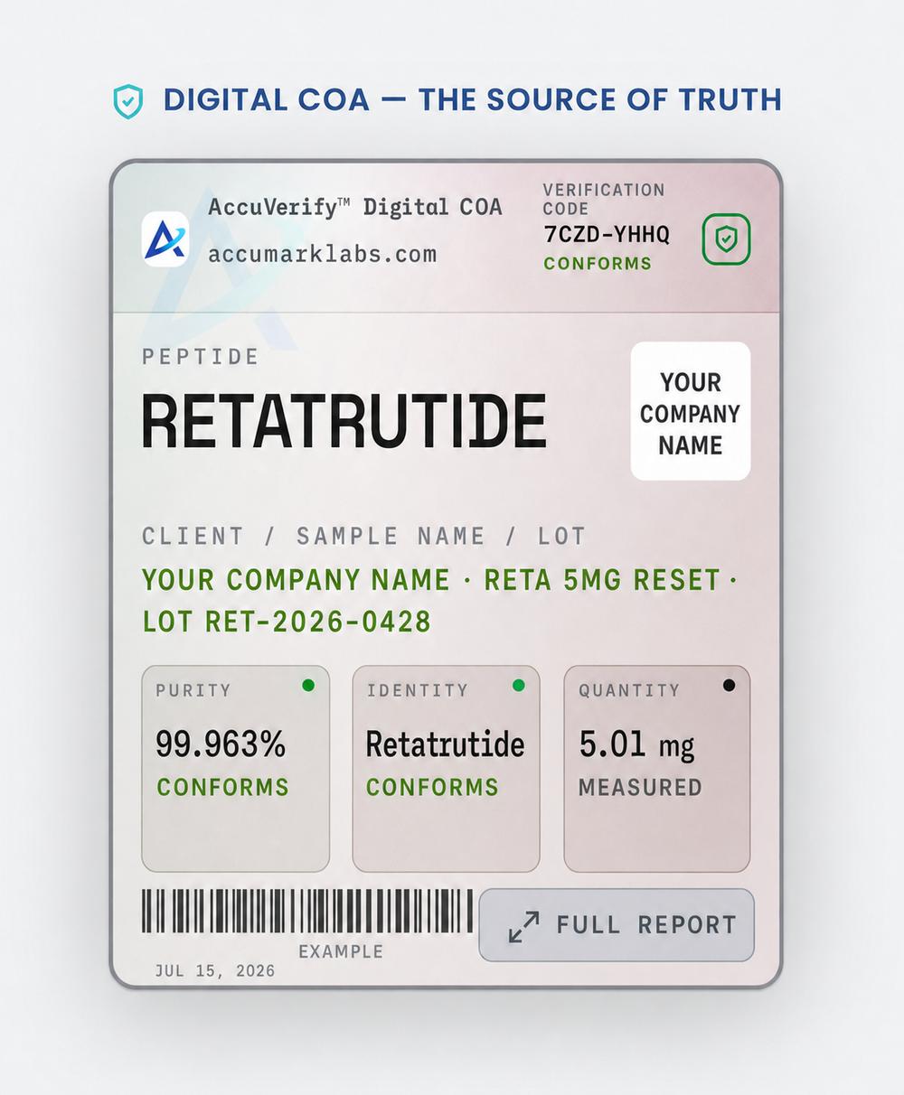 Example AccuVerify digital COA for Retatrutide labeled Your Company Name