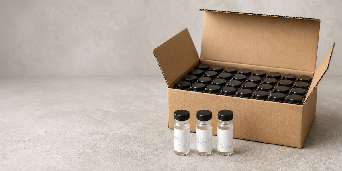 Wholesale research product vials arranged with an open bulk shipping box
